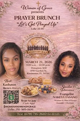 Flyer for the Let’s Get Prayed Up Prayer Brunch held March 21, 2026 in Kissimmee, Florida