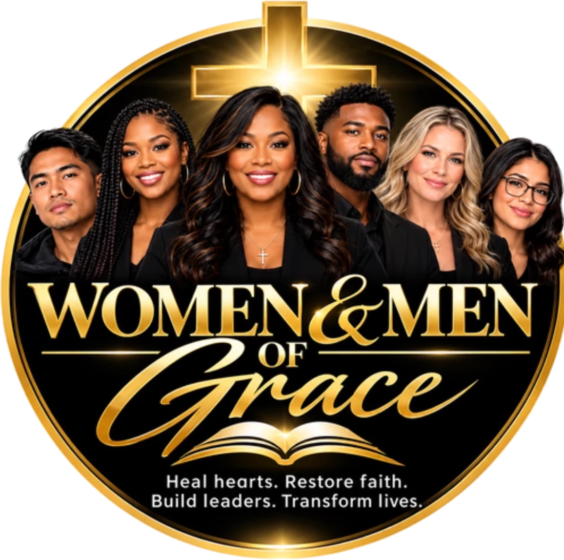 Women and Men of Grace logo: a gold cross above six ministry members, with the motto Heal hearts. Restore faith. Build leaders. Transform lives.